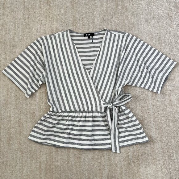 DKNY Faux Wrap Stripe Short Sleeve Blouse Top S - Picture 1 of 7